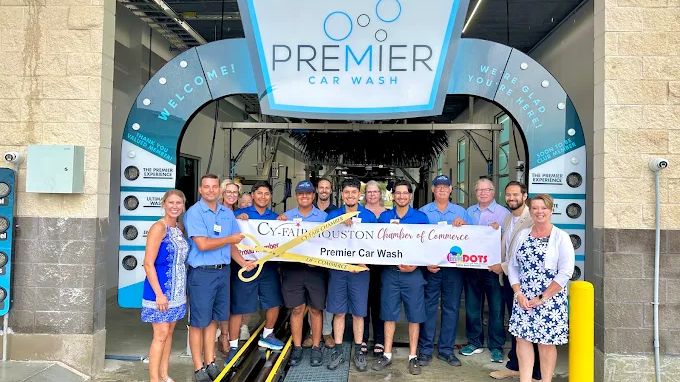 The Premier Car Wash team at a ribbon cutting with the Cy-Fair Houston Chamber of Commerce